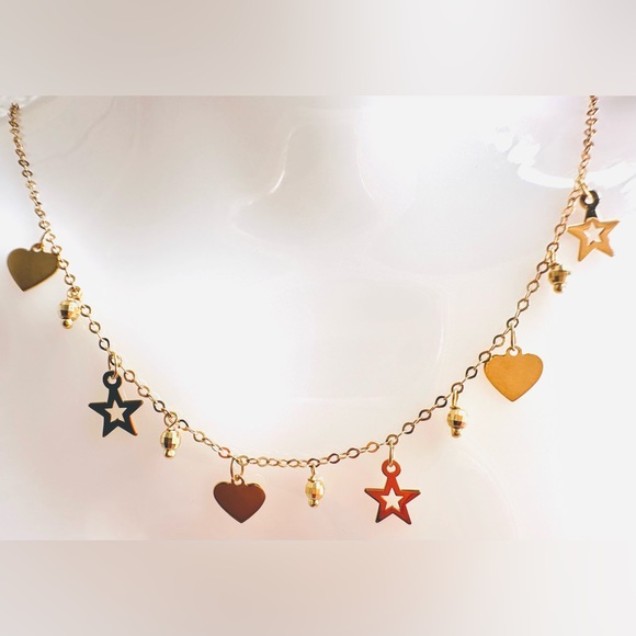 Heart and Star Station Necklace 💛 Real 18 Karat Solid Gold Jewelry 💛 - Picture 3 of 6